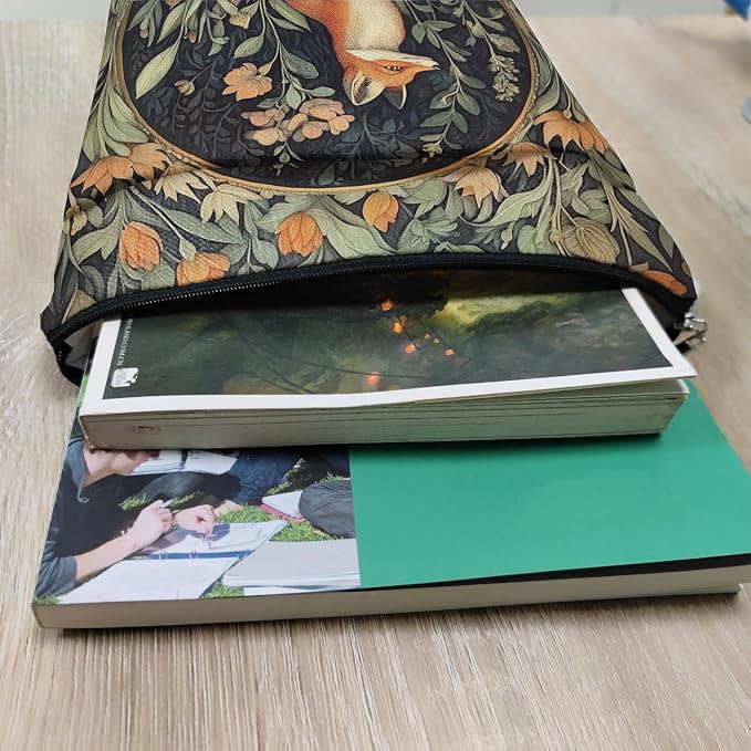 Vintage Flower Fox William Morris Book Sleeve for Book Lovers, Bookish Book Protector with Zipper, Washable Fabric Book Cover for Paperbacks & Hardcovers,11.4 x 9.1Inches (Orange Flower-Fox, Medium)