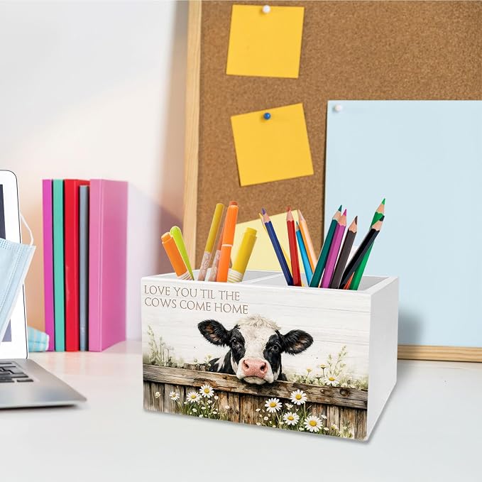 Farmhouse Daisy Floral Cow Pen Holder for Desk, Cow Lover Gifts Pencil Organizer, Love You Til the Cows Come Home Wooden Box Sign Desk Decor for Kids Girls Room Nursery Decoration
