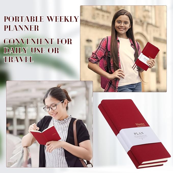 Fuyoooo 1 Pcs Weeks Planner Gift for Christmas, A6 / 3.9x7.4 inch Portable Planner Undated Pocket Size Calendar Year Month Week Mini Slim Notebook Journal Schedule for Traveler Office (Bright Red)