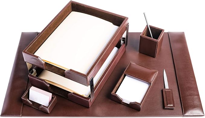 DACASSO Bonded Leather Desk Set - Luxury Leather Desk Pad & Desk Organization Essentials - Office Organization & Executive Desk Decor - (Dark Brown, 8 Piece)
