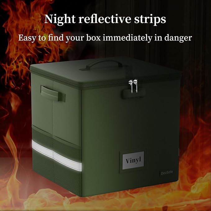 DocSafe Vinyl Record Storage Box with Lock, Fireproof&Water Resistant Record Organizer for 100+ Single Records(12-inch), Collapsible Storage Crate with Lid&Handles for Valuable Album Collection,Green