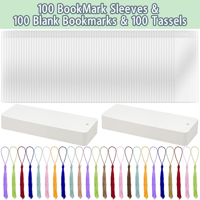 DSYIL 100 PCS Blank Bookmarks, 100 PCS Clear Bookmark Sleeves and 100 Colorful Tassels, DIY Paper Book Marks Kit for Making Your Own Bookmarks and Gift Tags, 5.5 x 2 Inches