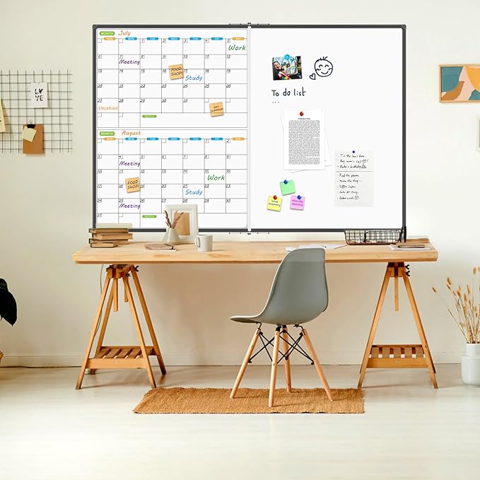 JILoffice Magnetic Foldable Dry Erase Calendar Whiteboard Combo, 2 Month Calendar Board & White Board 60 X 40 Inch, Black Aluminum Frame Wall Mounted Board for Office Home and School