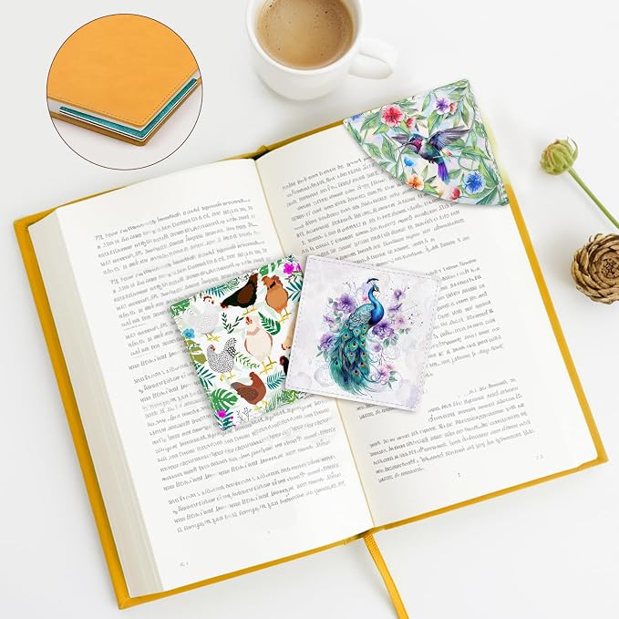Icycay Cute Peacock Hummingbird Chicken Corner Bookmarks, Leather Book Accessories for Book Lovers, 3 Pcs Reading Book Page Markers for Women Men Student Teacher Kids Retirement Birthday Gift