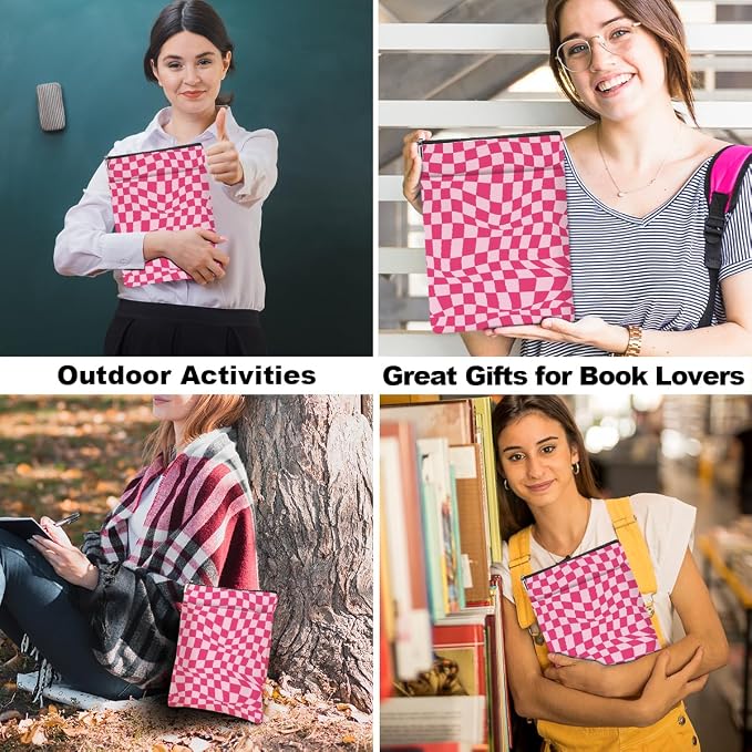 Wave Pink Plaid Book Lovers Gifts Book Sleeve Vintage Checkered Waterproof Book Cover Book Pouch Book Protector with Front Pocket Book Club Christmas Birthday Gifts for Women Girl Book Accessories