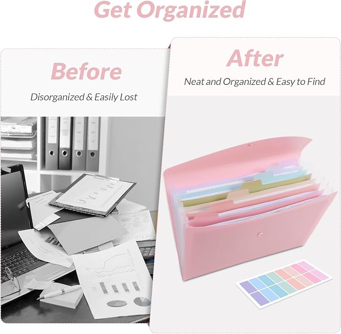 SKYDUE Cute Accordion File Organizer, Expanding File Folder with 8 Pockets, Document Organizer with Colorful Tabs for School, Office, Hospital Tax, Receipts Storage Letter/A4 Size Pink
