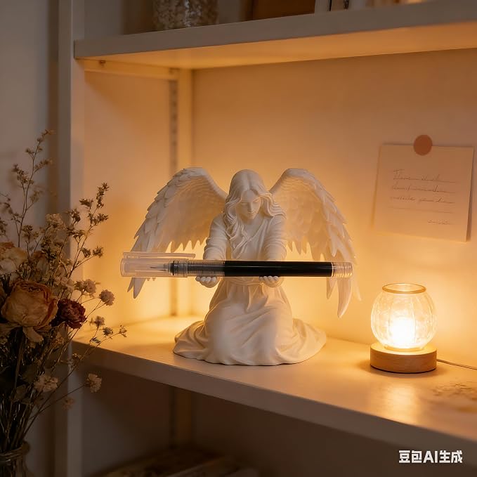Angel Pen Holder with Hand-Polished Feather Wings, Desktop Organizer, Home & Office Decor, Guardian Gift (White)