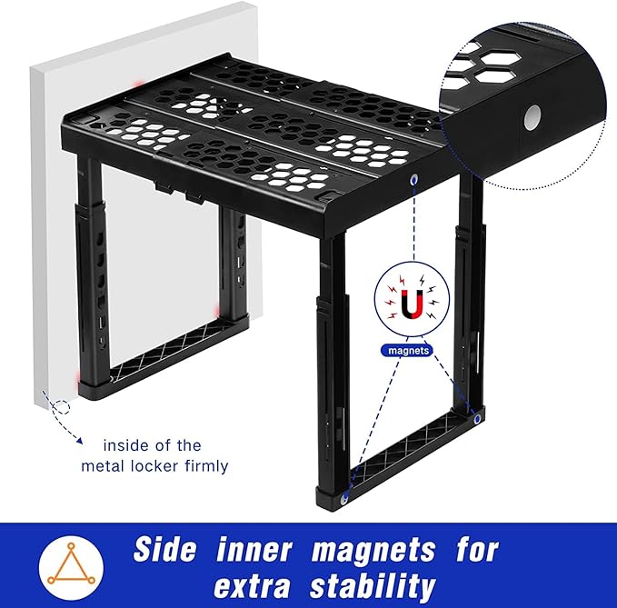 Piffny Locker Organizer Shelf, Adjustable Width and Height, Stackable, Ideal Locker Shelf for School, Office, Gym Lockers, or Even Kitchen Cabinets & Under Sink Organization (Black)
