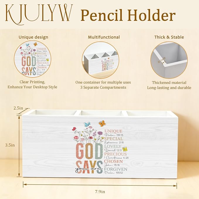 Boho Christian Pen Holder for Desk, God Says You Are Gifts for Women, Inspirational Religious Wooden Box Pencil Pen Holder Organizer for Home Office Desk Accessories