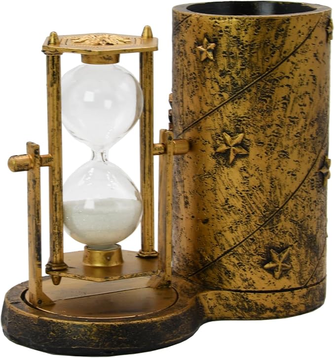 Owlgift Love-Themed Pencil Holder with Hourglass, Resin Desktop Organizer for Office & Study, Pen Holder with Sand Timer, Classic Love Addition Scissors Storage, Artistic Accessory Gift for Lovers