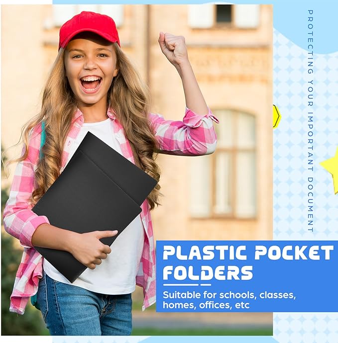 24 Pcs Black Heavy Duty Plastic Folders 2 Pocket File Folder Fit Letter Size for Home Office School Communication Presentation Report Sheet Protectors (Black)