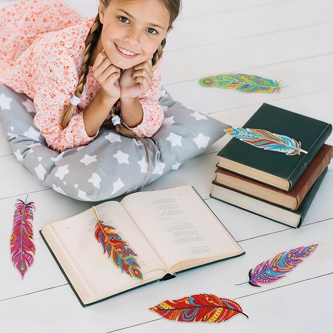Hooqict 6Pcs 5D Diamond Art Painting Bookmarks Acrylic Diamond Art Feather Bookmark with DIY Painting Kits for Beginners Kids Adults Book Lovers Birthday Graduation Halloween Christmas Gift