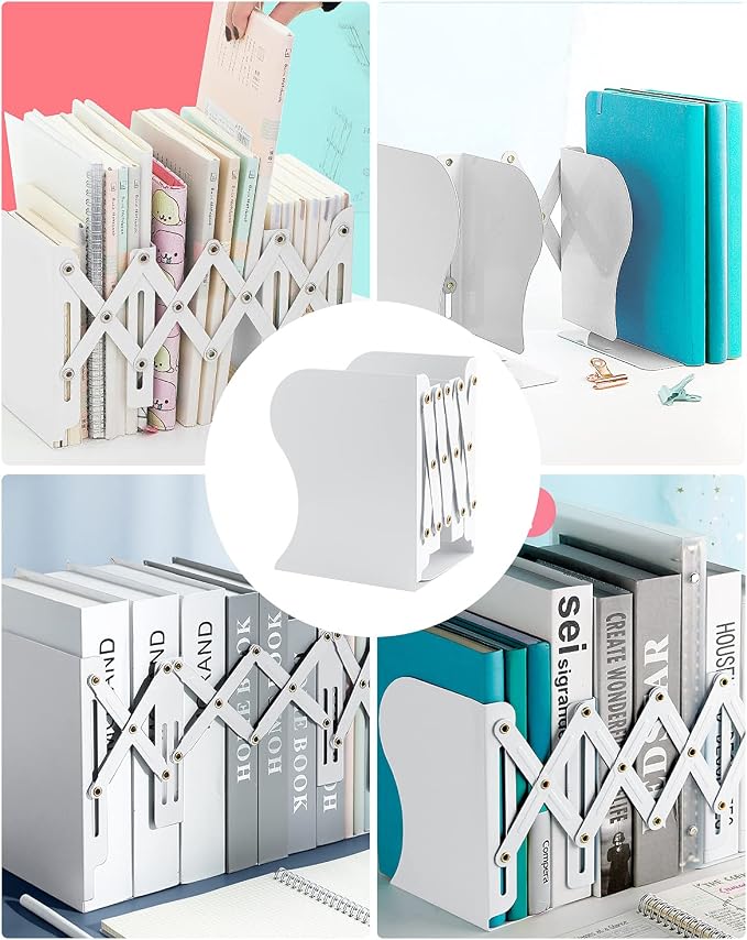 MSDADA Adjustable Bookends, Book Ends for Heavy Books, Expandable Book Organizer for Desk, Shelf, Office, School, for 6 7 8 9 10 11-15 Boys and Girls, Extends up to 19 inches (White)
