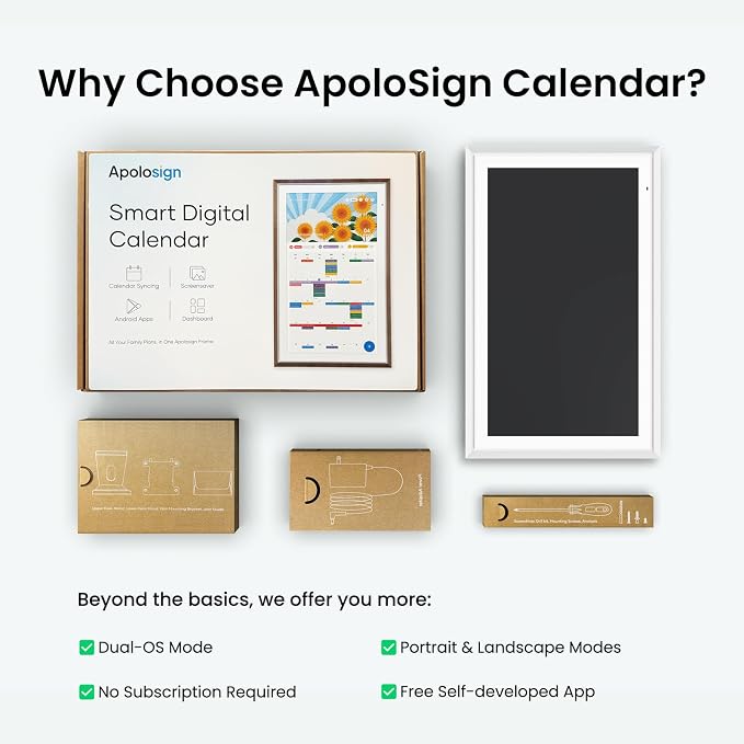 Apolosign 15.6-inch Digital Family Calendar, No Subscription Fee, Smart Wall Planner with Calendar Sync, Chore Chart & Touchscreen Display for Busy Families, with Stand (White)