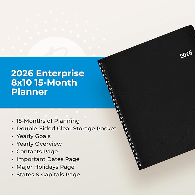 Blue Sky 2026 15-Month Monthly Planner Calendar, October 2025 - December 2026, 8” x 10”, Durable Faux Leather Cover, Laminated Tabs, Concealed Wirebound, Storage Pocket, Enterprise