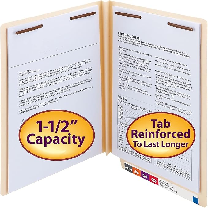 Smead Extra Capacity End Tab Fastener File Folder, Shelf-Master® Reinforced Straight-Cut Tab, 2 Fasteners, 1-1/2" Expansion, Letter Size, Manila, 50 per Box (34276)