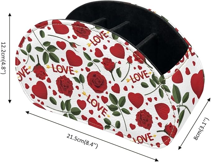 FUSURIRE Red Rose Love Print Tv Remote Controllers Holders for Desk Bed Couch Sofa, PU Leather Desk Storage Box Multi-functional Pencil Holder,Valentine's Day Theme Home&Office Accessories