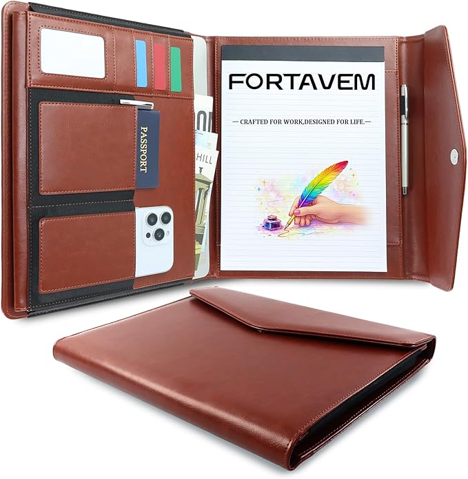 Professional Trifold Padfolio with Magnetic Closure – A4 Letter Portfolio Organizer for Business Meetings, Interviews & Presentations, Document Folder with Notepad Holder Brown