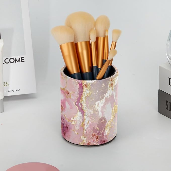 Leather Pen Holder for Desk, Pink Gold Marble Makeup Brushes Holder Pencil Cup Multifunctional Desktop Organizer Caddy for Home School Office Desk Accessories