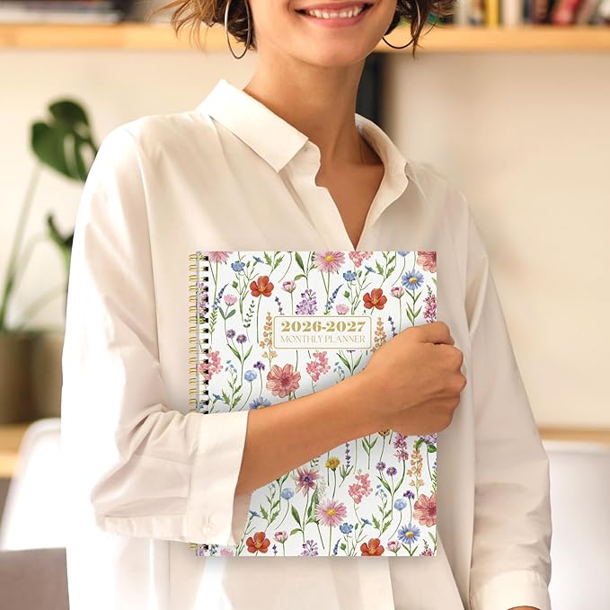 SKYDUE Monthly Planner 2026-2027, 24 Months Calendar Planner 2026-2027, 7.5" x 10" B5 Planner, Twin-wire Spiral Bound, Durable Waterproof Cover, Thick No-Bleed Paper, Floral