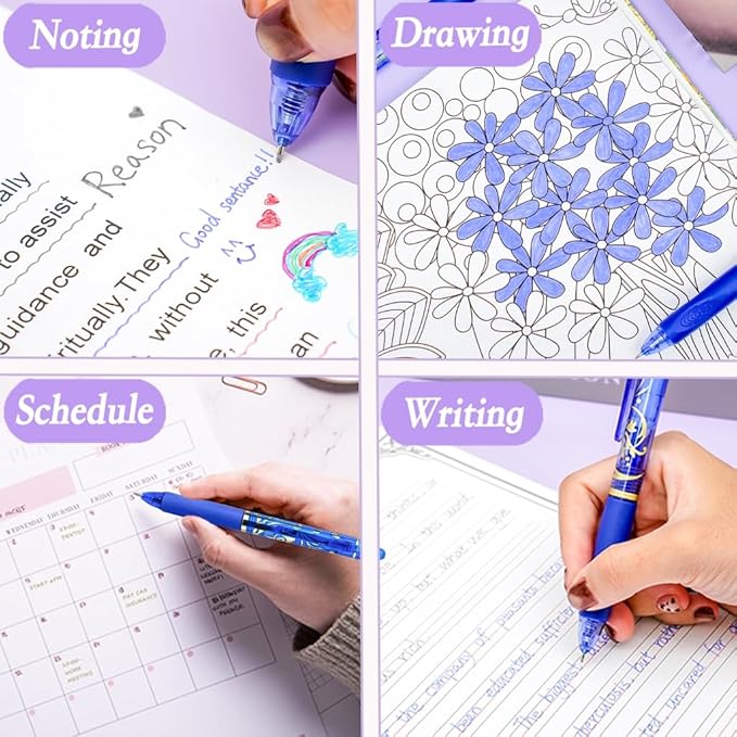 10Pcs Erasable Gel Pens, 0.5mm Retractable Quick Dry Fine Point Blue Ink Pens, Smooth Writing Multicolor Pens for Journaling, Coloring, Drawing, Doodling, Note Taking