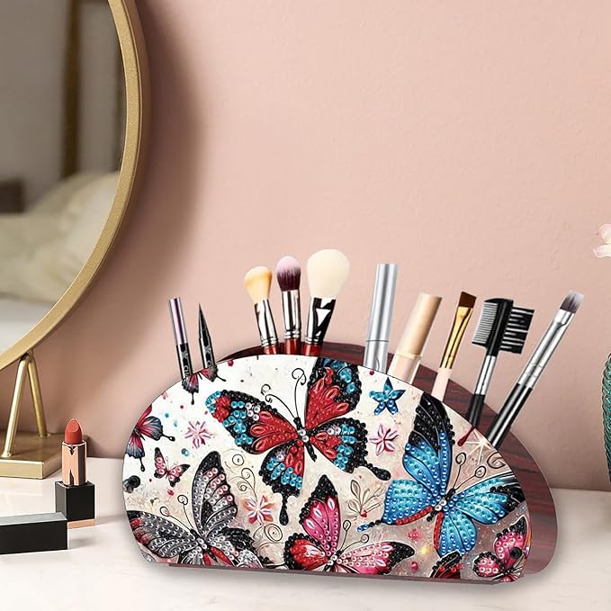 Remote Control Holder with 4 Compartments, DIY Diamond Art Painting Wooden Half Moon TV Control Holder for Remote Controllers, Office Supplies, Makeup Brush, Media Accessories-Butterfly-2