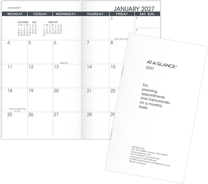 AT-A-GLANCE 2027 Monthly Planner Refill for 7006405, 13-Month Jan-Jan, 3.5" x 6", Pocket Size, Unruled Blocks (709061027)