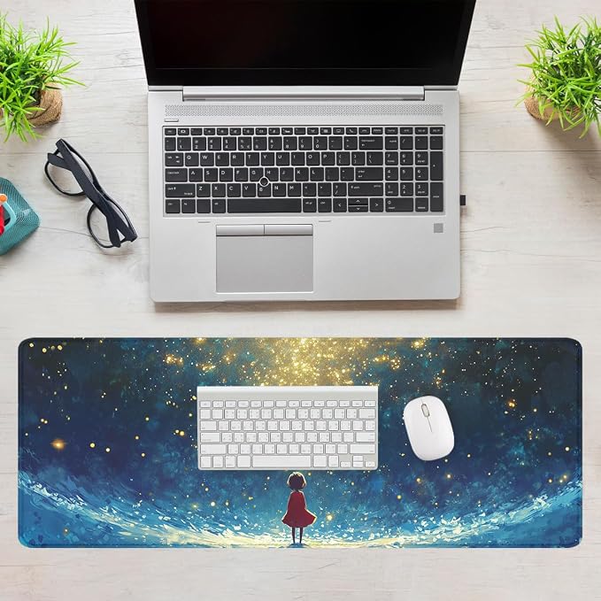 Cosmic Fantasy Desk Pad Mouse Pad Starlight Girl Galaxy Dream Large Gaming Mouse Mat with Stitched Edges,Non-Slip Waterproof Rubber Base Mous Mat Office Computer Keyboard 31.5"x11.8"