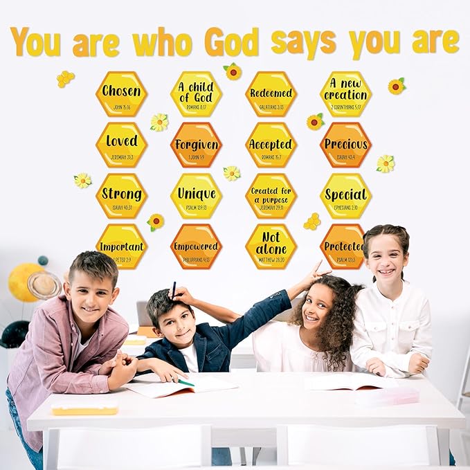 Qyeahkj Christian Bulletin Board Decorations Bee Jesus Bulletin Board Sets Bee Hive God Says You are Religious Classroom Wall Decor VBS Motivational Cutouts for Sunday School Home Church Supplies