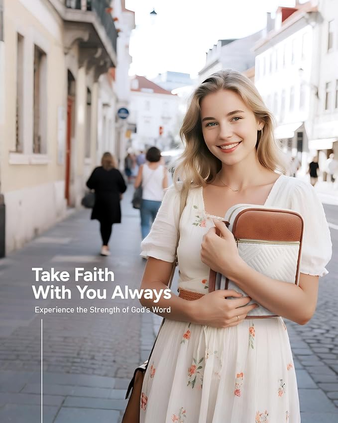 BellaHold Quilted Vegan Leather Bible Cover, Color-Blocked Bible Cover Case for Women, Large Bible Carrying Case with Handle, Bible Study Supplies & Christian Gift for Women (White & Brown, M/L)