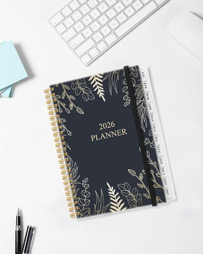 2026 Planner - Weekly and Monthly Planner Calendar from January 2026 to December 2026, Planning Agenda with Tabs & Inner Pocket, Spiral Bound for School/Office Supplies, 6.4" x 8.5", White Glod Leaf