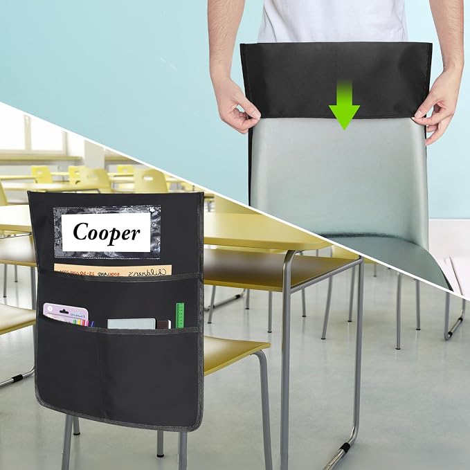 12 Pack Black Chair Pockets for Classrooms, Chair Pocket with 3 Heavy Duty Storage Pocket, Chair Back Buddy Pocket with Name Tag Slot, Ideal Back to School Supplies, Classroom Must Haves (Black)