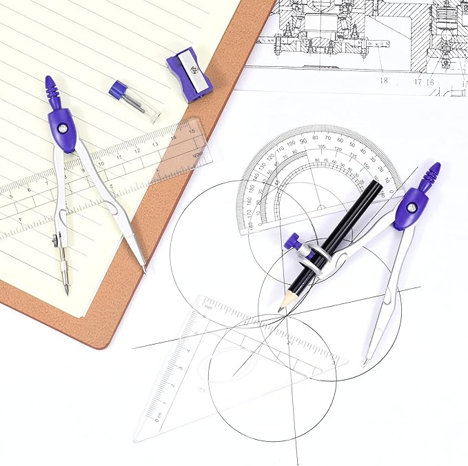 Vobou Math Geometry Kit Sets 10 Piece Student Supplies with Shatterproof Storage Box,Includes Rulers,Protractor,Compass,Eraser,Pencil Sharpener,Lead Refills,Pencil,for Drafting(Purple)