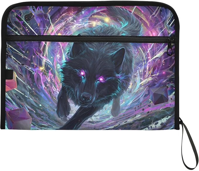 Expanding File Folder Black Wolf Purple Eyes Galaxy Accordion File Organizer 13 Pockets Document Organizer with Zipper Labels A4 Letter Office Storage