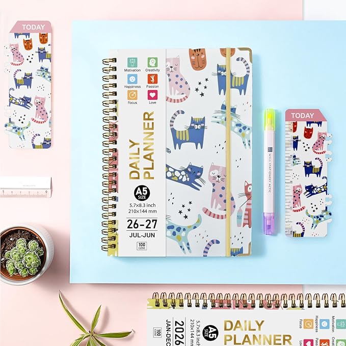 2026-2027Academic Planner, Weekly and Monthly Planning Book,Calendar Planner July 2026 - June 2027, Hardcover Teacher Student Planning Agenda book with Tabs, A5 (6.3" x 8.4"), School Organizer for Student Teacher(Cute kittens)