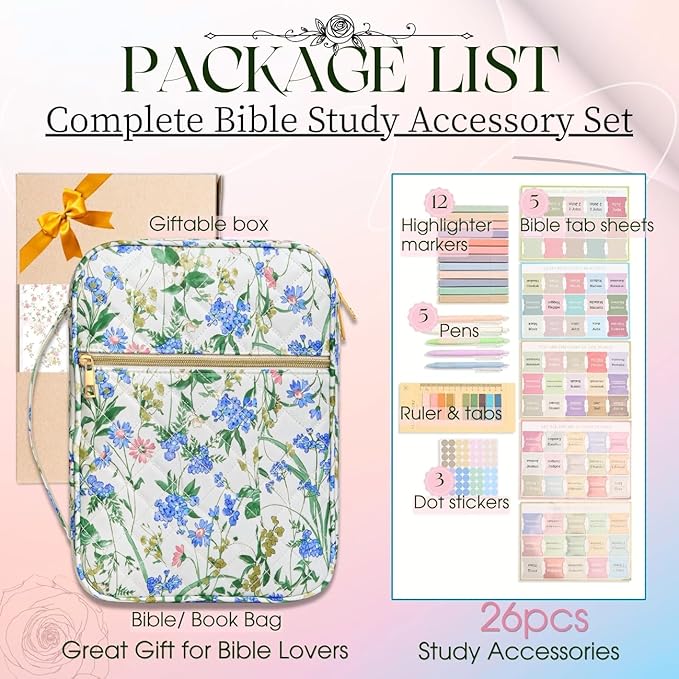 Flower Bible Cover Cases, Quilted Cotton Bible Bag with Multi Pockets 26 Pcs Study Supplies Journaling Kit, Durable Book Carrying Cases Easter Stuffers Gifts with Green Blue Flower Print