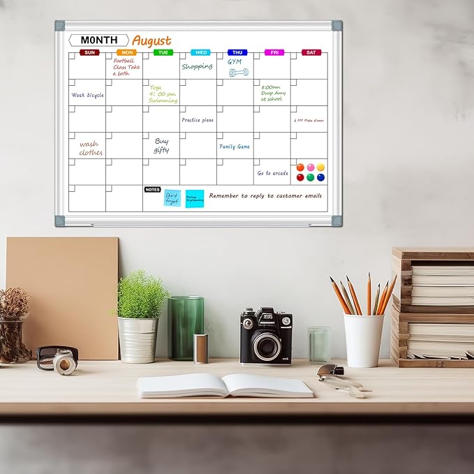 Dry Erase Calendar Whiteboard for Wall, 24" x 18" Magnetic Monthly White Board Calendar with Tray, Hanging Dry Erase Board for Office, Home, School