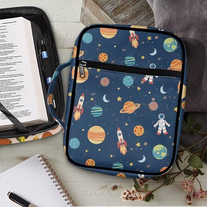 Coldinair Cartoon Bible Covers Bag for Kids,Outer Space Astronaut Carrying Book Case Church Bag Bible Holder with Handle and Zippered Pocket