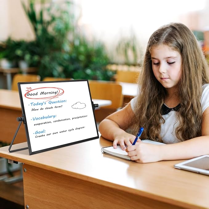 Dry Erase White Board, WALGLASS 16" x 12" Small Desktop Whiteboard with Stand, Double-Sided Magnetic Whiteboard, Portable Dry Erase Board for Kids Drawing, Study, Home, Office, School (Black)