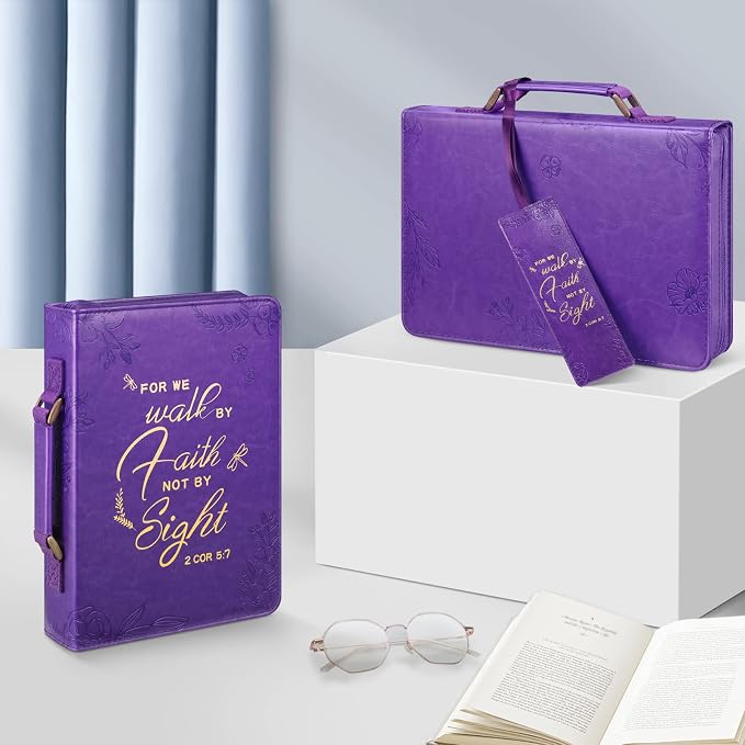 FINPAC Large Classic Bible Cover Vegan Leather Carrying Book Case Church Bag Bible Protective with Handle, Gift for Women, Mother, Friends, Purple