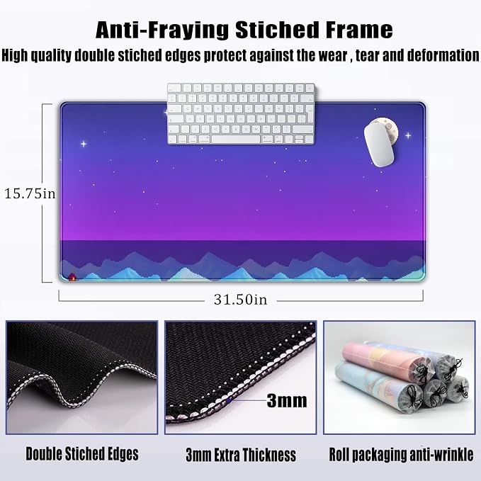 Purple Large Gaming Mouse Pad Extended Kawaii Cute Desk Mat Pad Anime Mousepad XXL Night Keyboard Pad Computer Laptop Mouse Mat Office Desktop Decor Pad 31.5x15.7 in