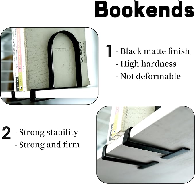 AJART Book Ends for Shelves: Black Heavy Duty Bookends - Metal Clamp Book Organizer Storage Holders (Matte Black)