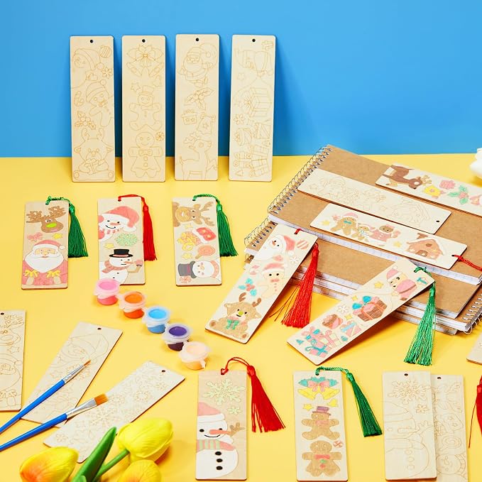 AmazingSpark 100 Pcs Winter Wood Bookmarks DIY Crafts Kit, 50 Set Christmas Color Your Own Blank Bookmarks with Tassel Santa Snowmen for Classroom Art Gifts Teacher Student Reward