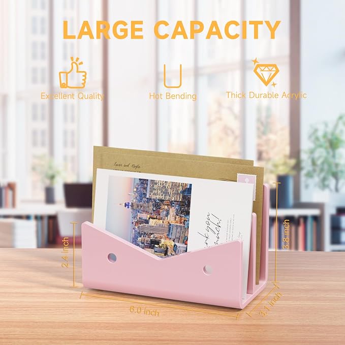 Mail Organizer Envelope Holder - 2 Compartments Pink Acrylic Mail Holder Countertop Vertical Desk Organizer Small File Bill Document Notebook Letter Sorter for Home School Office Supplies