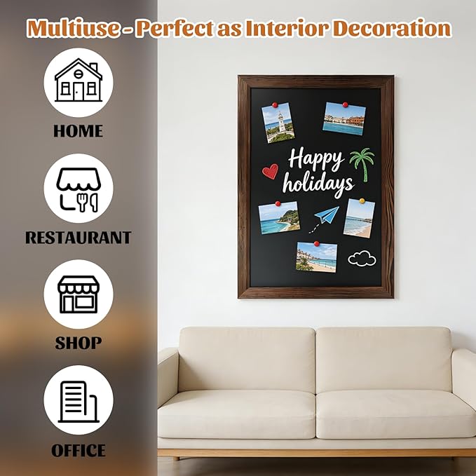 Magnetic Chalkboard for Wall, 24 x 36 Inch Solid Wood Framed Brown Magnetic Board, Wall Mounted Chalk Board for Kitchen, Restaurant, Food Truck and Calendar Board