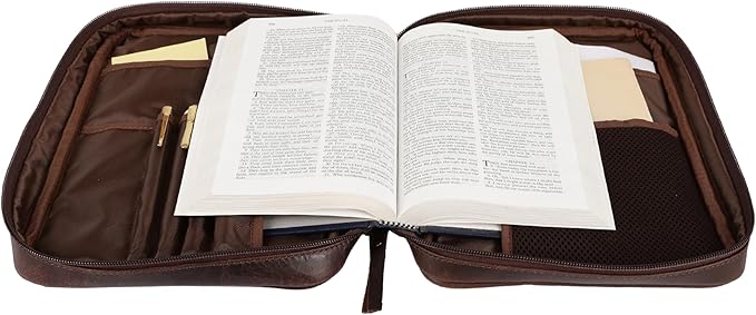Handmade Genuine Leather Bible Cover with Zipper | Large 11 Inch Rustic Bible Case for Men & Women | Travel Bible Bag with Handle, Pen Holder & Pockets | Christian Gift by KomalC