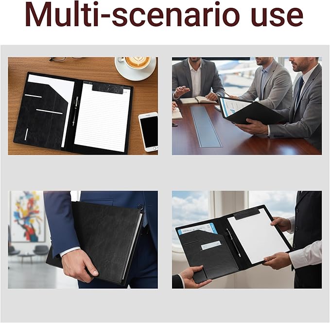 Professional Leather Padfolio Magnetic Closure, Business Portfolio Folder with Card Slots, A4/Letter Document Clipboard, Pen Loop, Multi‑Pocket Organizer Business, Office, Travel (Black)