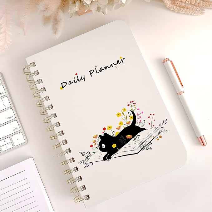 Undated Daily Planner - Spiral Notebook 80 Days One Day Per Page, Hourly Schedule, To-Do List, Notes, Everyday Planning Task, A5 Hardcover Journal Organizer Book Women Cute Aesthetic, Cat