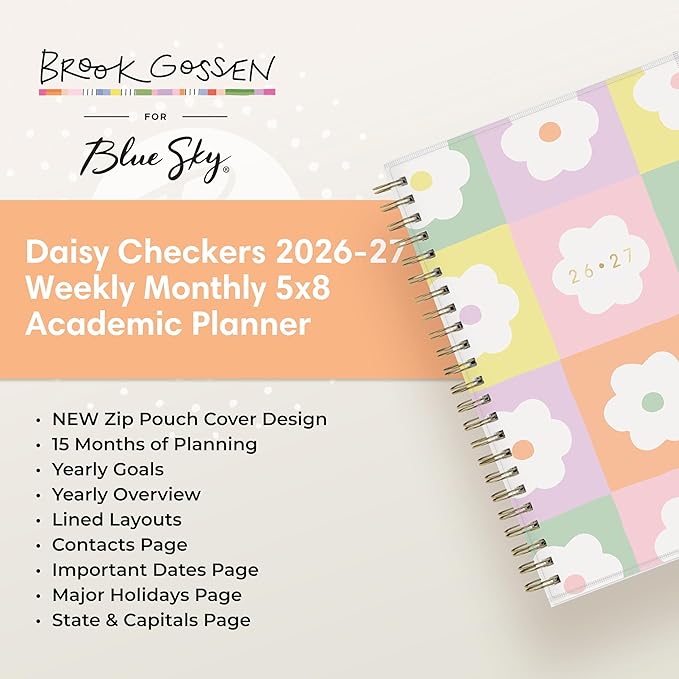 Blue Sky Brook Gossen 15 Month 2026-2027 Weekly and Monthly Academic Year Planner Calendar, April 2026 - June 2027, 5" x 8", Flexible Cover With Zip Pouch, Wirebound, Laminated Tabs, Storage Pocket, Daisy Checkers