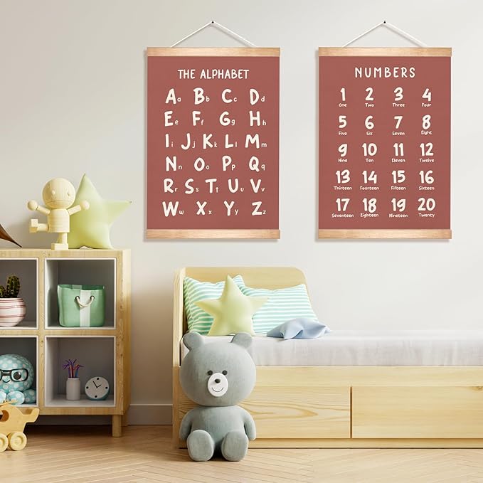 Alphabet and Numbers Educational Chart Set of 2 for Classroom Decor,Colorful Educational Poster for Toddlers 1-3,Toddler Learning Poster for Ages 3-5 for Nursery Playroom,Classroom Must Haves 14x18.5Inch(Brown)